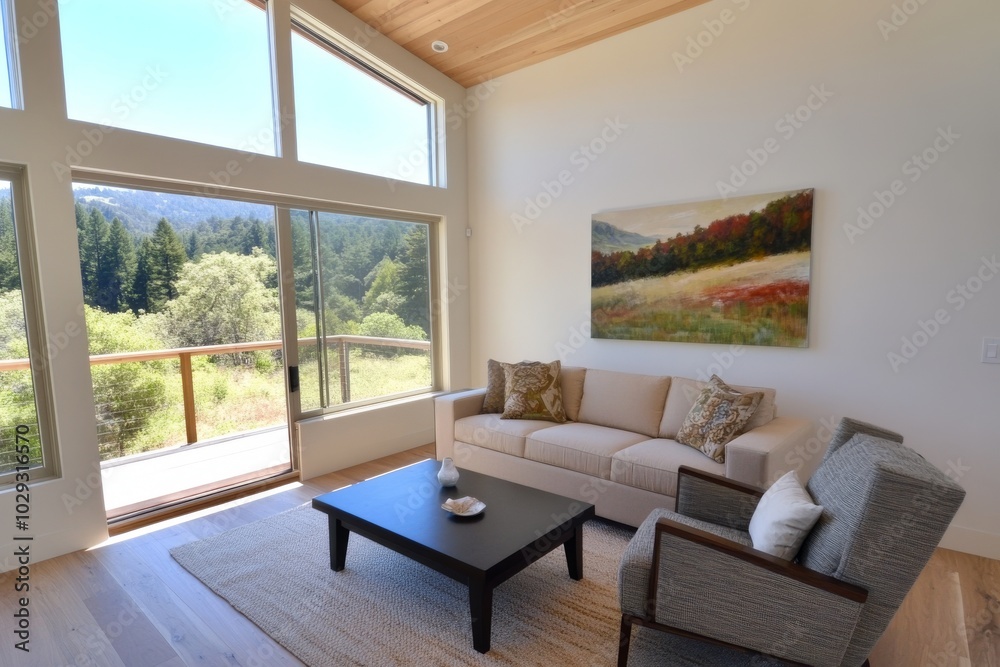 Fototapeta premium Minimalist Modern Living Room with Large Windows and Black Coffee Table