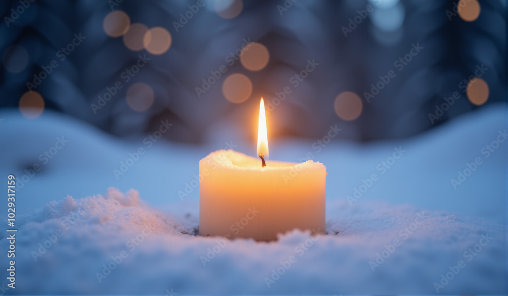 Festive Cozy Candles of the First Advent. Burning Advent candles on snow with bokeh forest background. A serene holiday-themed image featuring four burning candles Festive Cozy Candles of the First Advent. Burning Advent candles on snow with bokeh forest background. A serene holiday-themed image featuring four burning candles