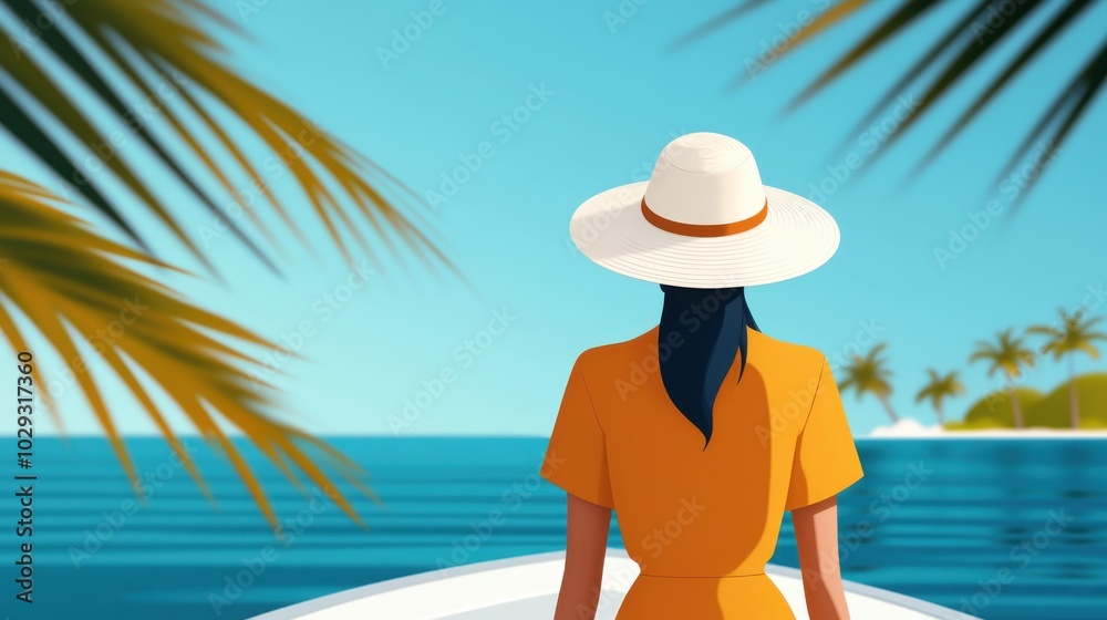A woman in an orange dress and a white hat stands on a boat looking at a tropical landscape with palm trees, clear blue waters, and a serene horizon. A woman in an orange dress and a white hat stands on a boat looking at a tropical landscape with palm trees, clear blue waters, and a serene horizon.