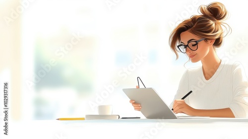 An elegant woman with glasses using a stylus on a digital pad. Her poised expression reflects focus and creativity in a bright, serene workspace with coffee.