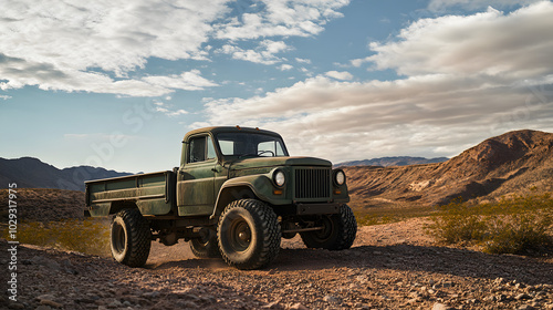 A vintage truck with a modern turbo diesel engine swap and off-road modifications cruising through desert terrain.