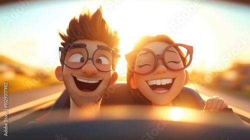 A cheerful animated couple, enjoying a carefree drive at sunset, radiating happiness and excitement, showcasing love and adventure in a warm, glowing scene. photo