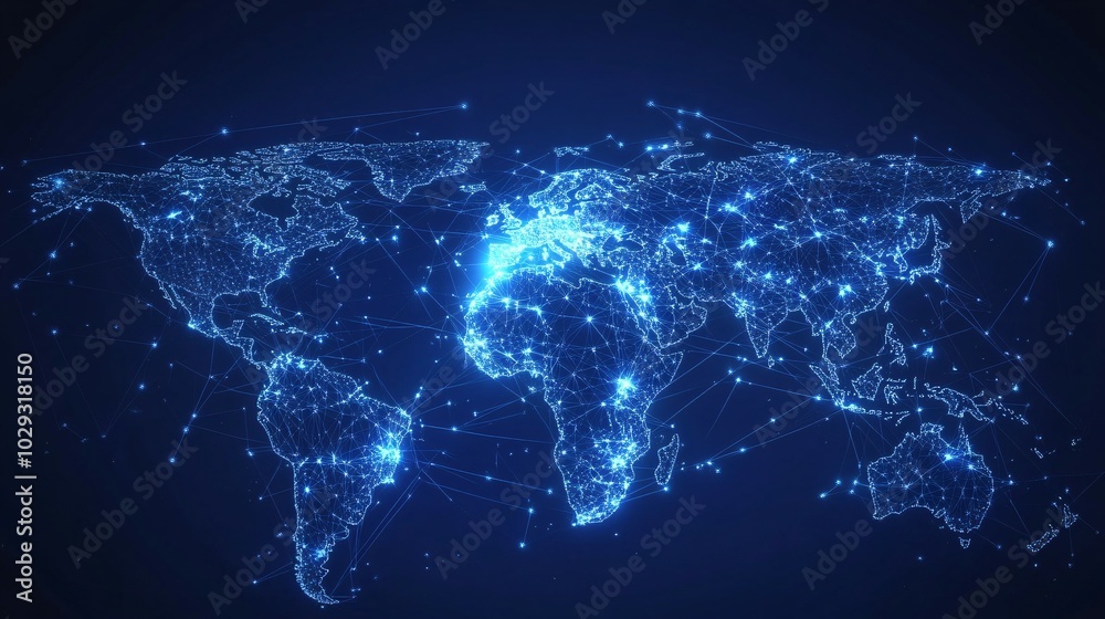 Fototapeta premium A Connected World Map with Glowing Blue Lines and Points
