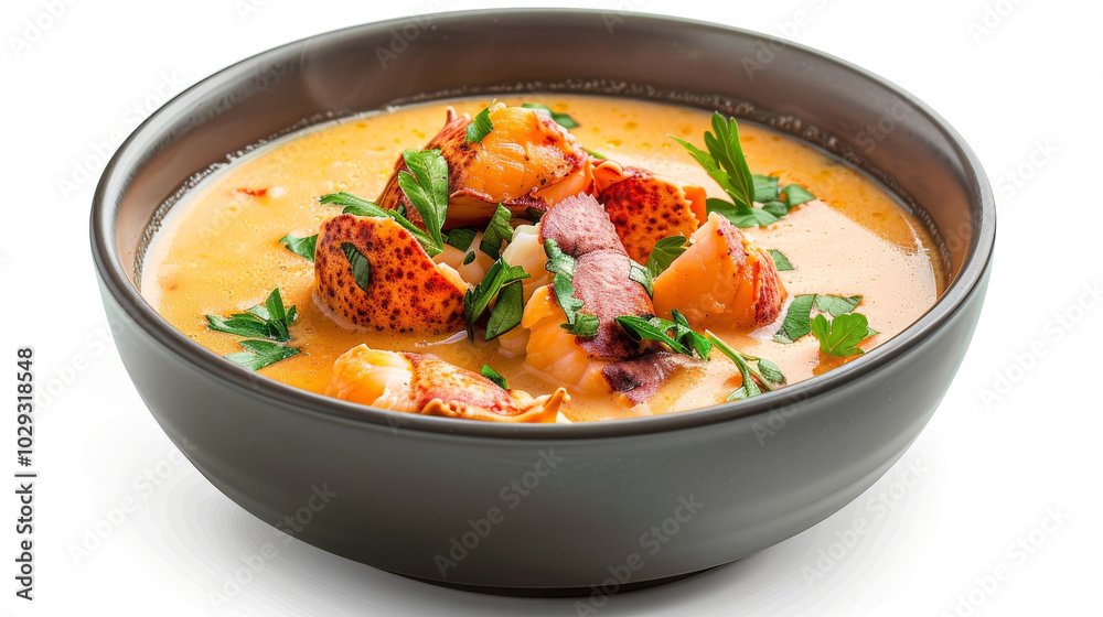 Isolated on White Background: Creamy lobster soup with lobster chunks, fresh herbs, and cri Isolated on White Background: Creamy lobster soup with lobster chunks, fresh herbs, and cri