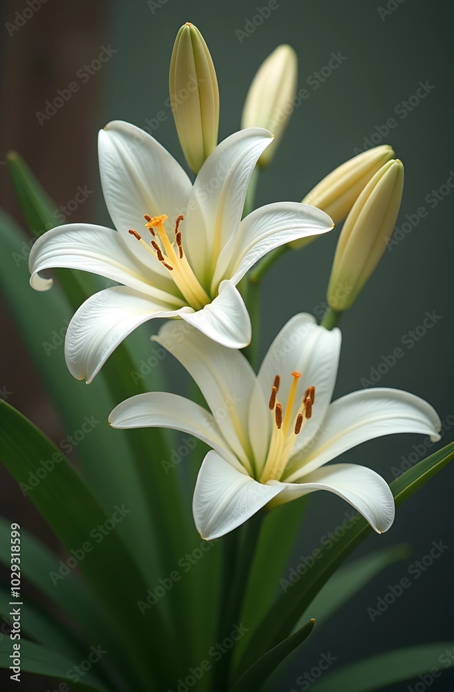 White lily with bud on blurred background. White lily with bud on blurred background.