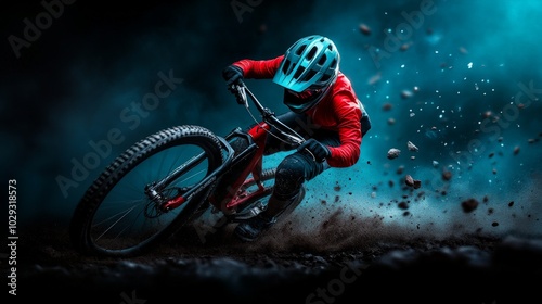 Mountain Biking in Motion: A cyclist navigates a challenging trail, with a flurry of dust and debris swirling around them, highlighting the intensity and thrill of this extreme sport.