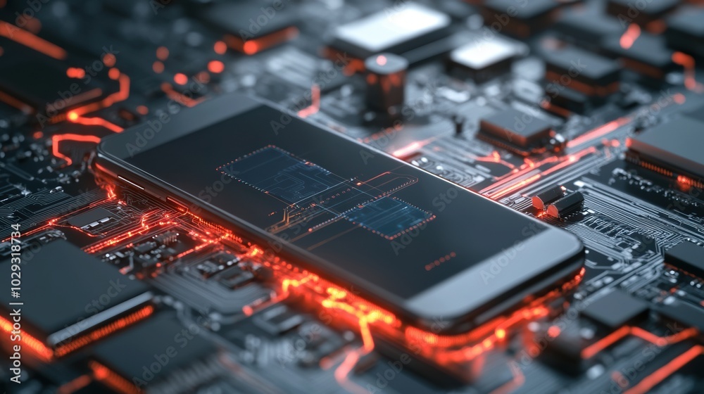 Smartphone on a circuit board with glowing connections, modern technology concept. Smartphone on a circuit board with glowing connections, modern technology concept.
