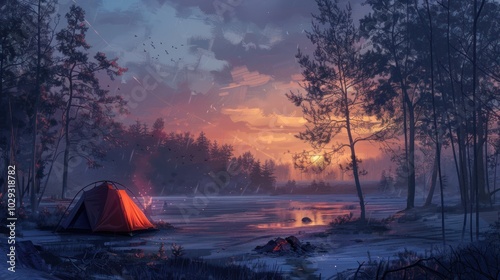 A lone tent and campfire in a snowy forest at sunset