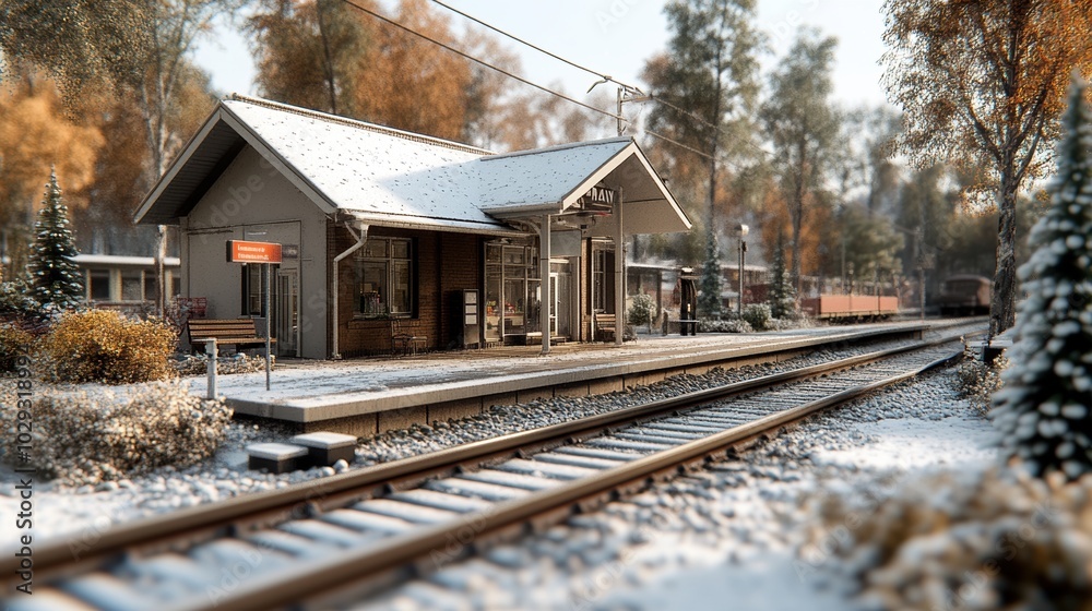 Snow-covered railway station amidst autumn trees, serene winter landscape. Snow-covered railway station amidst autumn trees, serene winter landscape.