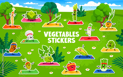 Cartoon vegetable characters on yoga fitness stickers pack. Vector bean pod, romanesco cabbage, asparagus and green pea. Champignon mushroom, daikon radish, onion performing outdoor sport exercises
