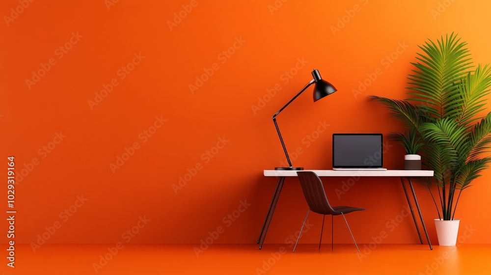 Orange Vibe Workspace: Modern minimalist home office setup with vibrant orange walls, sleek black desk, laptop, desk lamp, and potted plant. Perfect for productivity and inspiration. Orange Vibe Workspace: Modern minimalist home office setup with vibrant orange walls, sleek black desk, laptop, desk lamp, and potted plant. Perfect for productivity and inspiration.