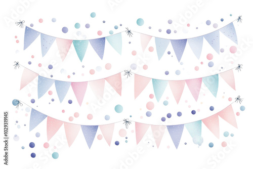 Colorful pastel bunting and confetti creating a festive and whimsical atmosphere, perfect for celebrations and joyful events.