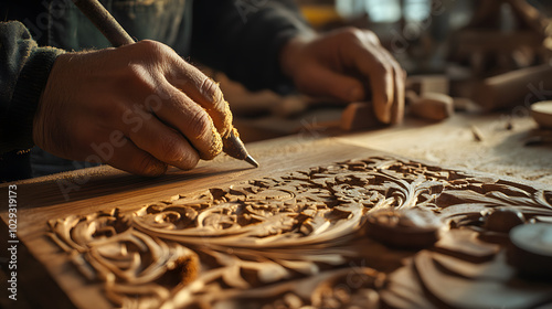 A woodworker carving intricate designs into a piece of oak in a quiet sunlit workshop.