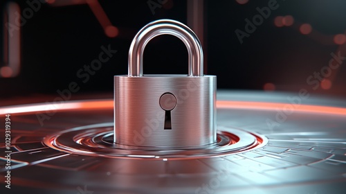 Steel padlock on digital background, symbolizing data security. photo