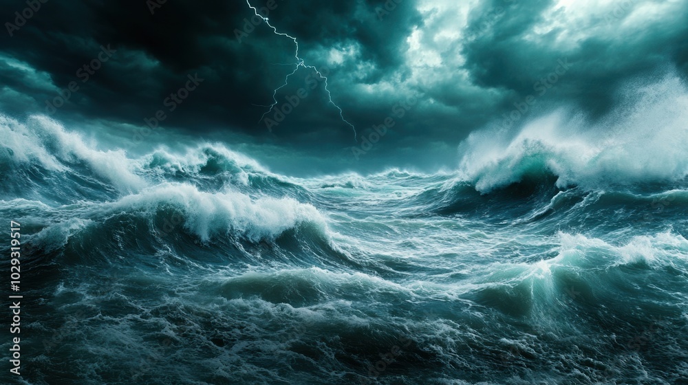 Stormy ocean waves crashing under a dark, cloudy sky.