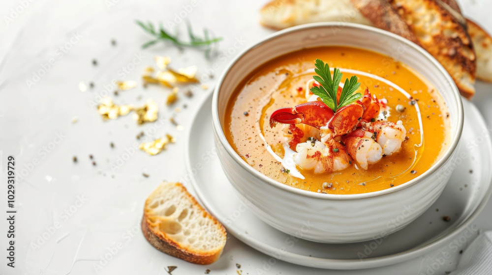 Bowl of lobster bisque on a clean white background, with space for easy extraction, highlighting the creamy bisque and colorful garnishes for advertising impact. Bowl of lobster bisque on a clean white background, with space for easy extraction, highlighting the creamy bisque and colorful garnishes for advertising impact.