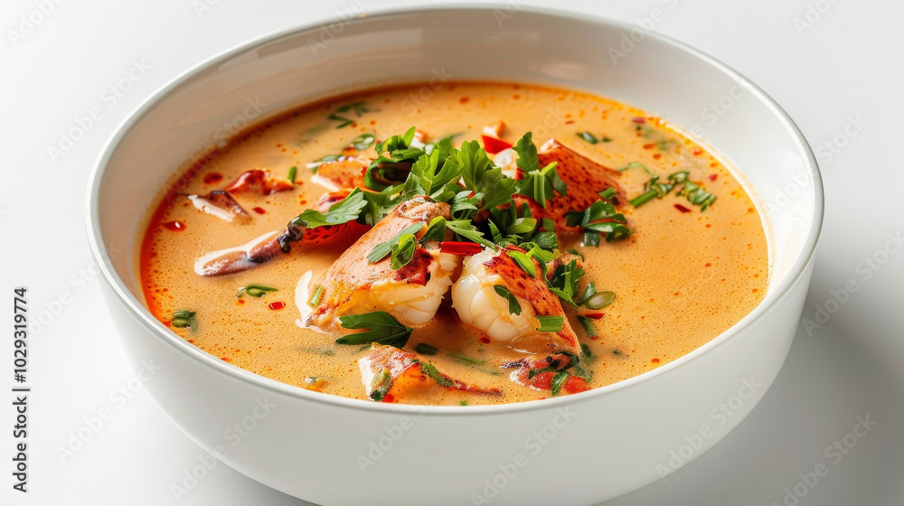Bowl of lobster bisque on a clean white background, with space for easy extraction, highlighting the creamy bisque and colorful garnishes for advertising impact. Bowl of lobster bisque on a clean white background, with space for easy extraction, highlighting the creamy bisque and colorful garnishes for advertising impact.