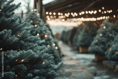 Beautiful fresh cut Christmas trees at Christmas tree farm. Winter market celebration photo