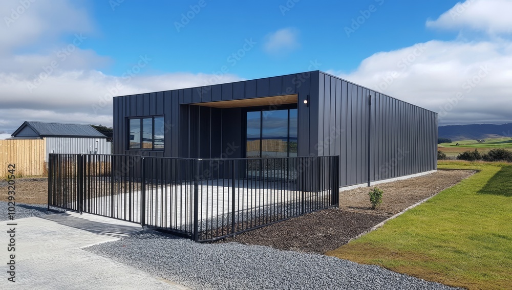Modern House with Aluminum Outdoor Fence and Gate in Perspective Modern House with Aluminum Outdoor Fence and Gate in Perspective