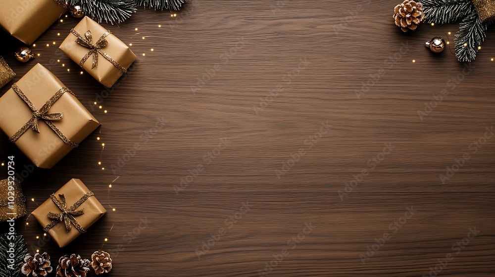 A snowy scene with holiday gifts and sparkling lights spread across a wooden table, creating a clear space for adding custom text. A snowy scene with holiday gifts and sparkling lights spread across a wooden table, creating a clear space for adding custom text.