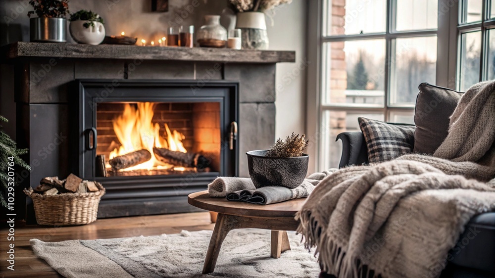 Warm and inviting cozy fireplace crackling with flames, surrounded by comfortable seating, soft blankets, and festive decorations, creating a perfect atmosphere for relaxation and winter gatherings. Warm and inviting cozy fireplace crackling with flames, surrounded by comfortable seating, soft blankets, and festive decorations, creating a perfect atmosphere for relaxation and winter gatherings.