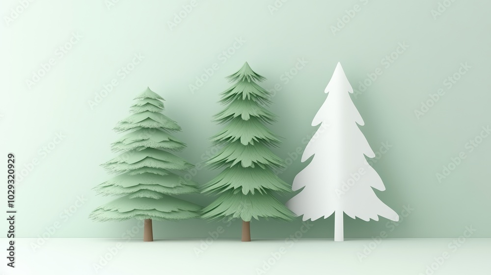 Obraz premium Three decorative trees in varying shades on a soft pastel background.