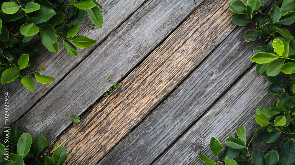 Rustic Wooden Background with Green Foliage Border Rustic Wooden Background with Green Foliage Border
