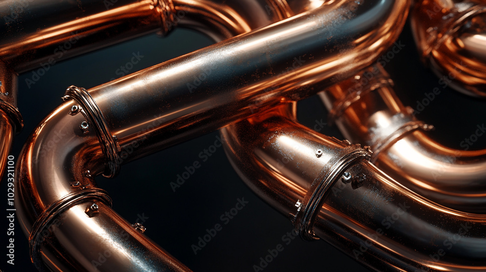 Naklejka premium Shiny Copper Pipes Close Up Plumbing Industrial Metal Construction Material