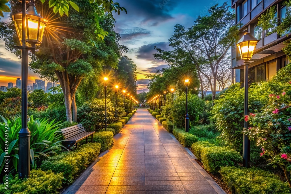 Obraz premium Enchanted Green Pathway at Dusk - Urban Exploration Photography