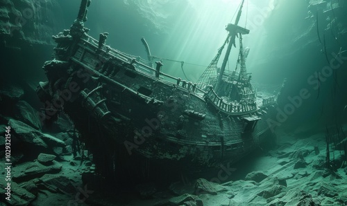 Sunken treasure shipwreck in the abyssal depths, 4K hyperrealistic photo