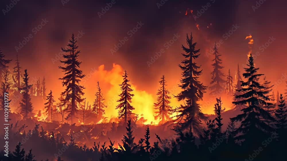 Tall pine trees stand silhouetted against a blazing forest fire at night Tall pine trees stand silhouetted against a blazing forest fire at night