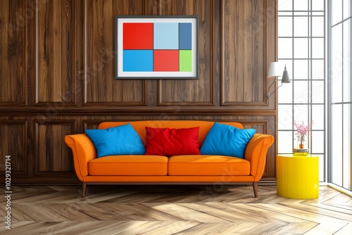 Modern Living Room with Orange Sofa and Colorful Art photo