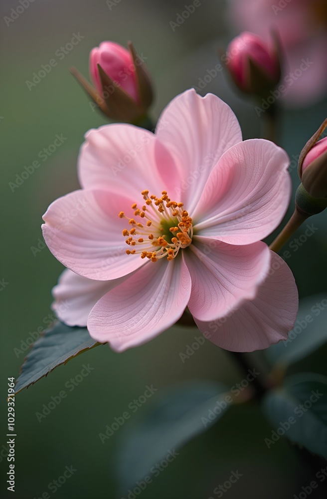 Branch with pink cherry blossoms against green background. Branch with pink cherry blossoms against green background.