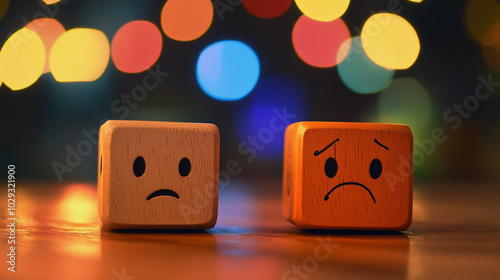 Sad Wooden Blocks with Bokeh Lights Concept of Depression Emotion and Feeling Down