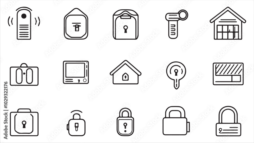 Set of line icons in linear style. Series - Home security and protection. Alarm system, locking, smart home, lock and key.Outline icon collection. Conceptual pictogram and infographic.
Set of line icons in linear style. Series - Home security and protection. Alarm system, locking, smart home, lock and key.Outline icon collection. Conceptual pictogram and infographic.
