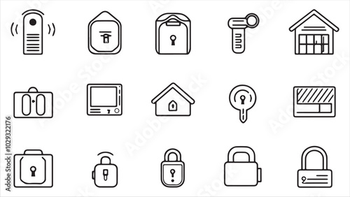 Set of line icons in linear style. Series - Home security and protection. Alarm system, locking, smart home, lock and key.Outline icon collection. Conceptual pictogram and infographic. 