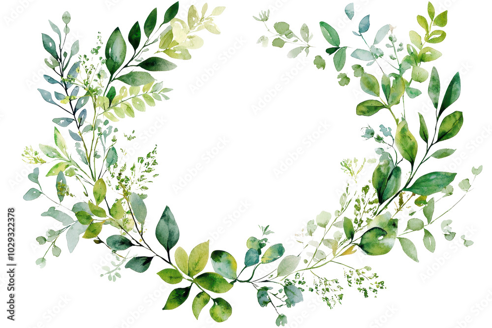 Elegant watercolor wreath with lush green leaves, perfect for natural design projects, invitations, or eco-friendly themes. Elegant watercolor wreath with lush green leaves, perfect for natural design projects, invitations, or eco-friendly themes.