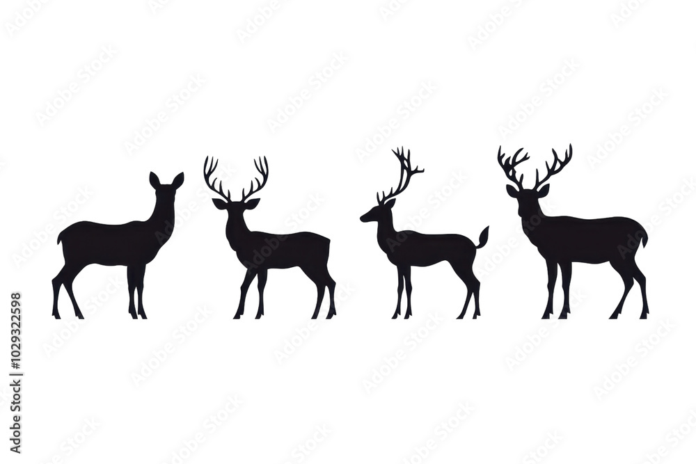 Silhouette of four deer with antlers facing different directions on a transparent background. reflecting wildlife and nature themes. Silhouette of four deer with antlers facing different directions on a transparent background. reflecting wildlife and nature themes.