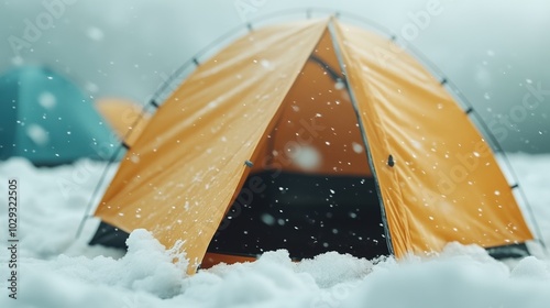 Yellow camping tent in the snow, surrounded by falling snowflakes.