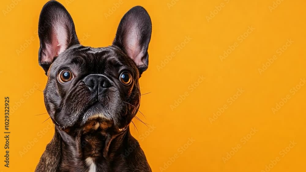 French Bulldog displays surprise, opening mouth with shocked expression in front of a bright orange backdrop with free space French Bulldog displays surprise, opening mouth with shocked expression in front of a bright orange backdrop with free space