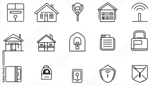 Set of line icons in linear style. Series - Home security and protection. Alarm system, locking, smart home, lock and key.Outline icon collection. Conceptual pictogram and infographic.
