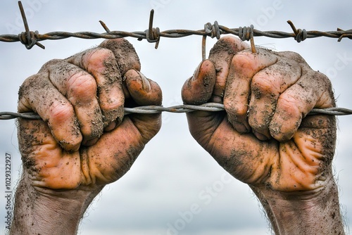 Hands Reaching Out from Behind a Fence Wrapped in Barbed Wire photo