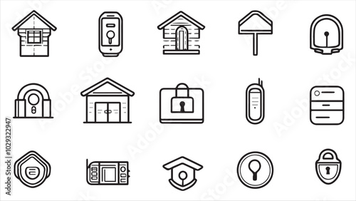 Set of line icons in linear style. Series - Home security and protection. Alarm system, locking, smart home, lock and key.Outline icon collection. Conceptual pictogram and infographic. 