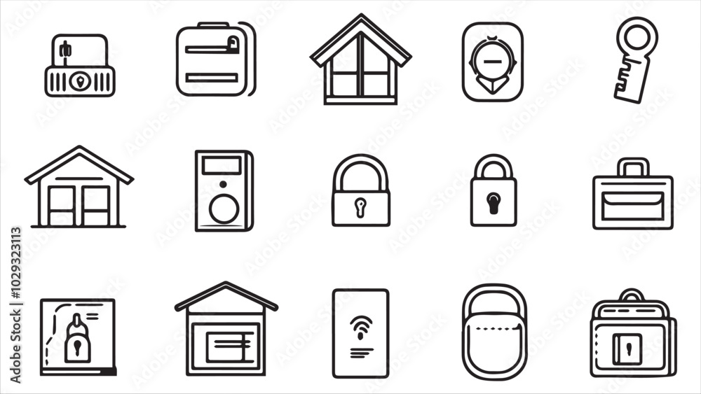 Set of line icons in linear style. Series - Home security and protection. Alarm system, locking, smart home, lock and key.Outline icon collection. Conceptual pictogram and infographic.
Set of line icons in linear style. Series - Home security and protection. Alarm system, locking, smart home, lock and key.Outline icon collection. Conceptual pictogram and infographic.