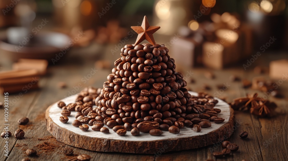 Creative Christmas Tree Made of Coffee Beans with Cinnamon Star Decoration for Festive Use Creative Christmas Tree Made of Coffee Beans with Cinnamon Star Decoration for Festive Use