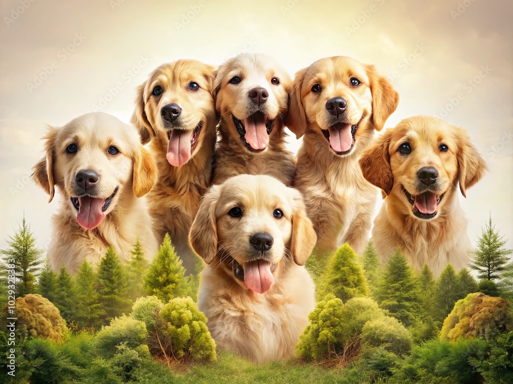 Enchanting Double Exposure of Golden Retriever Puppies in Nature Enchanting Double Exposure of Golden Retriever Puppies in Nature