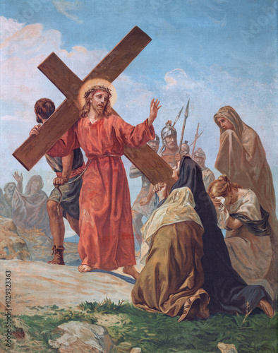 ALESSANDRIA, ITALY - SEPTEMBER 10, 2024: The painting JRLAND - JULY 1, 2022: The fresco Jesus meets as part of Cross way stations in the church Chiesa di Santo Stefano by Luigi Morgari from 20. cent. 