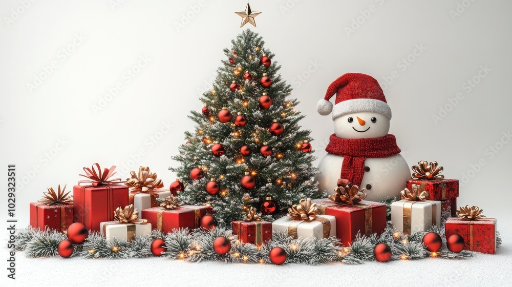 Festive Composition with a Christmas Tree and Gifts for Holiday Celebrations Festive Composition with a Christmas Tree and Gifts for Holiday Celebrations