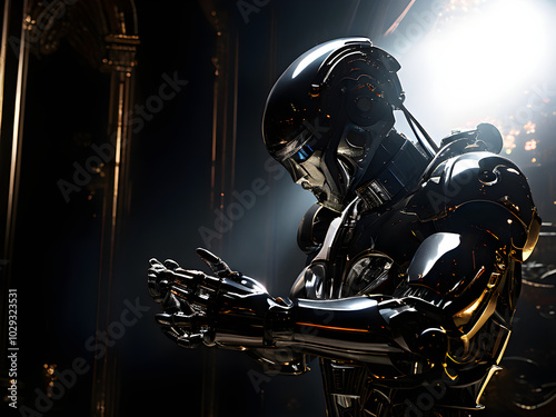 Reflective Cyborg Making Intricate Gestures in a Dramatic Lighting Setting