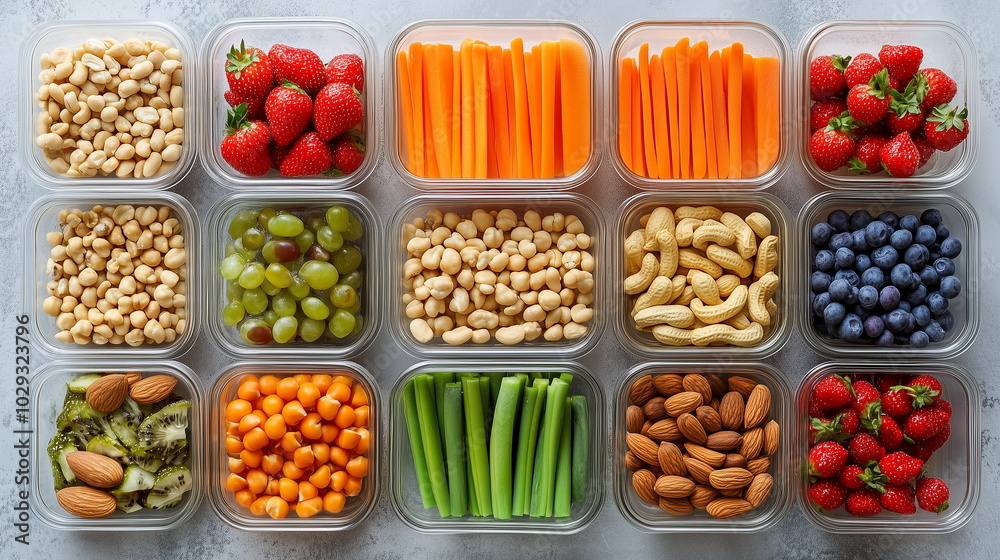 A balanced snack prep scene with portions of nuts, fruits, and vegetable sticks neatly arranged in containers A balanced snack prep scene with portions of nuts, fruits, and vegetable sticks neatly arranged in containers